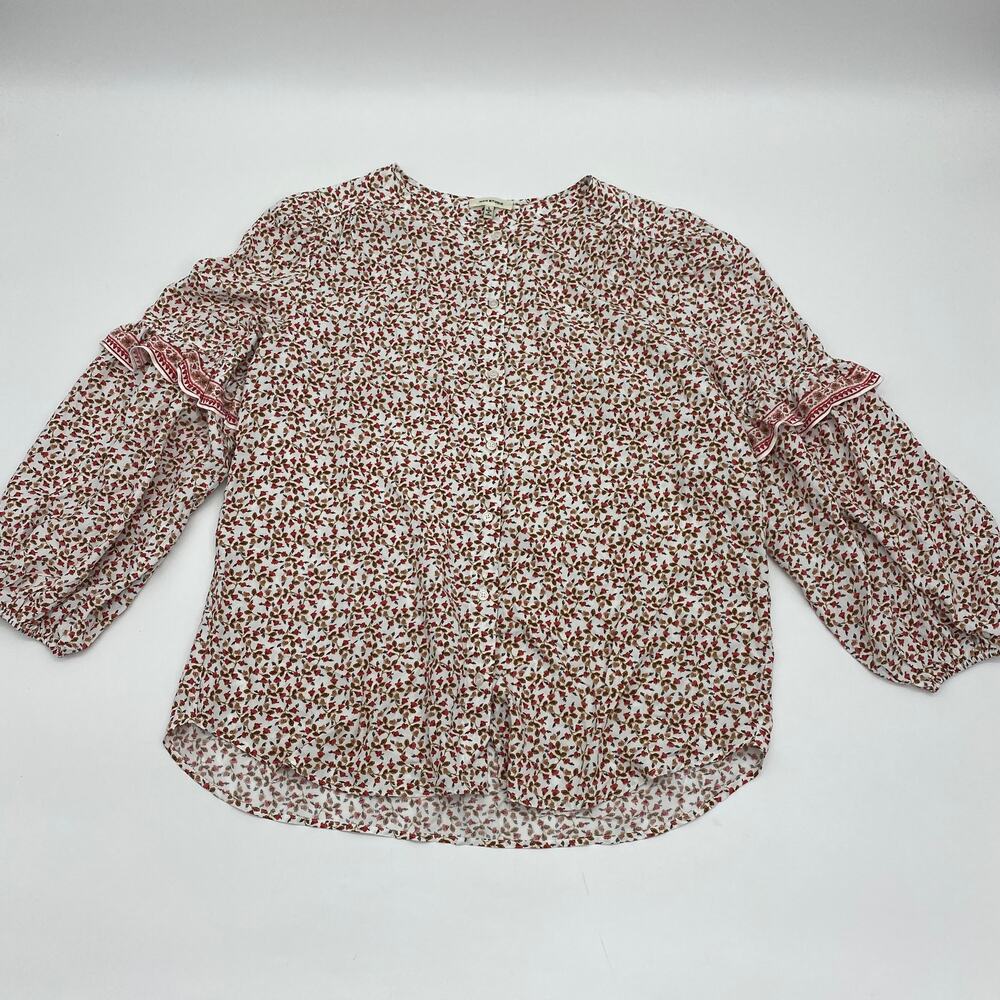 MAX STUDIO Cottagecore Shirt Size L Floral Ruffle Sleeve Button-Up Peasant Top